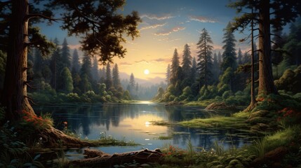 Poster -  a painting of a sunset in a forest with a lake and trees in the foreground and a setting sun in the background.  generative ai