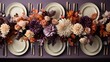 Artisanal Thanksgiving Tablescape Decorations highlighted in plum purple rustic orange earthy brown and creamy white tones 
