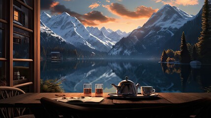 Sticker -  a painting of a teapot and two glasses of tea on a table with a view of a mountain lake.  generative ai