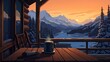  a wooden table topped with a cup of coffee and a can of coffee next to a window with a view of a snowy mountain range.  generative ai
