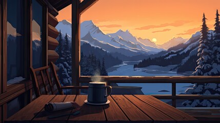 Poster -  a wooden table topped with a cup of coffee and a can of coffee next to a window with a view of a snowy mountain range.  generative ai