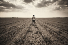 Depressed Farmer Standing Alone In Vast Unproductive Agricultural Fields Under Grayscale Sky 