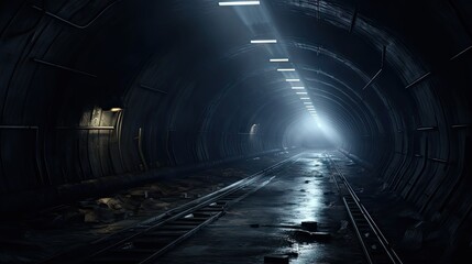 Poster -  a dark tunnel with a light at the end of the tunnel and a train track in the middle of the tunnel.  generative ai