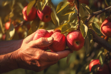 Hand picks an apple from a tree, fruit and garden, illustration. Generative AI. Food, meal, plant, juice, nature, crop and harvest, image