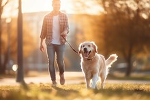 A Young European Man In Jeans Walks With A Dog In An Autumn Park. Soft Baсkground