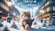 Photo of a lovely cute cat strolling through the snow in front of a Parisian scenery with festive decorations, 'Merry Christmas' written in the sky with silver metallic particle style