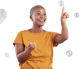 Canvas Print - Black woman, pop with bubbles and happiness, fun and isolated on a transparent, png background. Liquid soap, happy and excited African female person, playful with activity and enjoy with a smile