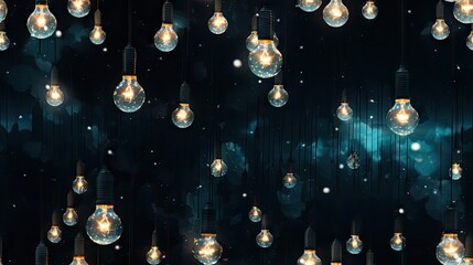 Poster -  a group of light bulbs hanging from a ceiling in a dark room filled with stars and light bulbs hanging from the ceiling.  generative ai