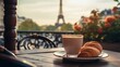 parisian cafe, a close up of a coffee cup with a croissant on a plate beside it, copy space, 16:9