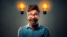 Picture Of Happy And Accomplished Guy In Blue Shirt And Glasses, Suddenly Had Great Idea And Two Light Bulbs Above His Head Lit Up