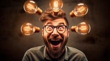 Excited Man In Shirt And Glasses, Mouth Wide Open And Eyebrows Raised, Having Fantastic Idea, Causes Five Light Bulbs To Light Up Above Head