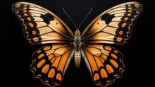  A Close Up Of A Butterfly With Orange Spots On It's Wings And Wings, On A Black Background.  Generative Ai