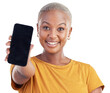 Black woman, portrait and phone screen for advertising or marketing isolated on a transparent PNG background. Face of African female person smile showing mobile smartphone display, information or app