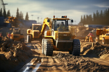 Poster - A construction site with workers operating heavy machinery to build a new highway, illustrating the Concept of road infrastructure development. Generative Ai.