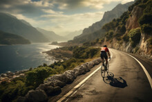 A Cyclist Pedaling Along A Scenic Coastal Road With A Panoramic Sea View, Embodying The Concept Of Recreational Cycling. Generative Ai.