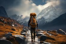 A Hiker Carrying A Backpack And Trekking Poles On A Mountain Trail, Representing The Concept Of Outdoor Adventure And Trekking. Generative Ai.