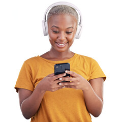 Headphones, happy and young black woman with phone listening to music, podcast or radio. Smile, technology and African female model stream playlist on cellphone isolated by transparent png background