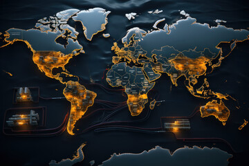 Poster - A map showing the various countries involved in the production of a single product, emphasizing the interdependence of nations in global value chains. Generative Ai.