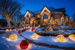 Christmas lights, large ornaments and decorations on snowy house exterior at night, winter holiday seasonal decor