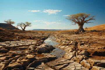 Wall Mural - A riverbed with cracked and dry soil due to water pollution and over-extraction, highlighting water scarcity issues. Generative Ai.