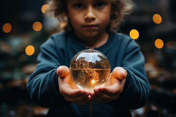 Canvas Print - A close-up of a child's hands holding a globe, symbolizing global awareness and interconnectedness. Generative Ai.