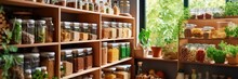 kitchen pantry storage room for home supplies organized with food containers and glass jars on shelves racked cabinets