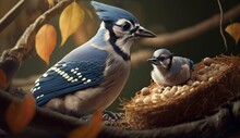 Blue Jay Bird And Baby Feeding Realistic Ai Generated Art