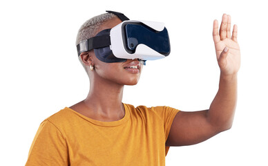 VR, glasses and woman with hands for cyber innovation, futuristic video game or metaverse isolated on transparent png background. African model, virtual reality or future of high tech user experience