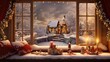  a window view of a winter scene with a lit candle and christmas decorations on a window sill with a snowy scene in the background.  generative ai