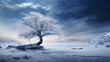  a tree in the middle of a snowy landscape with a blue sky in the background and white clouds in the sky.  generative ai