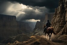 Dramatic Sunset Over Rugged Canyon With Cowboy