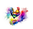 Hahn, Huhn in regenbogen bunten Wasserfarben mit Spritzern und Kleksen vor einem weißen Hintergrund als Vorlage für Design Haus- und Nutztiere, Bauernhof, Tierhaltung, Vögel, Geflügel, Züchter 