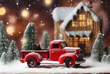 Red Christmas Truck, Car Toy, Christmas Gifts, Vintage Christmas Car, Chrismas Symbol, Winter Holidays Concept, Christmas Greeting Card,bokeh Background, Celebration Wallpaper
