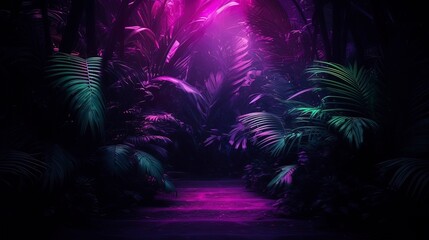 Tropical leaves neon light. Generation AI