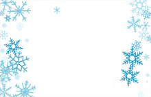 Winter Snow With Blue Snowflakes On A White Background. Festive Christmas Banner, New Year Card. Symbols Of Frosty Winter. Vector Illustration.