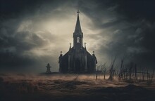 Gothic Abandoned Dark Church Exterior. Mystic, Horror, Surreal, Dramatic Scene. Halloween Realistic Disturbing Background. Digital 3D Illustration Wallpaper