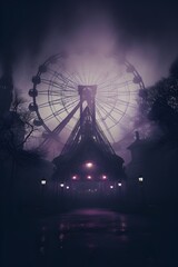 Creepy, Abandoned and Haunted Amusement Park, carousel, dark tragic foggy atmosphere, Fairground, red  purple Circus, Illustration concept Art