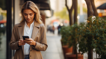 Wall Mural - Beautiful young woman in a business dress looking on her phone