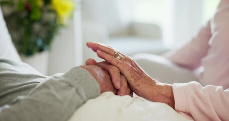 Poster - Senior, couple and holding hands for care in closeup, together and trust in marriage. Man, woman and caring for comfort, embrace and love for bonding in home with support for spouse in retirement