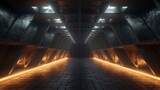 Fototapeta Do przedpokoju - Dark empty concrete interior, neon, reflection. Generation AI
