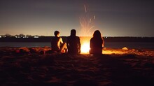 Inviting Campfire On The Beach During The Summer, Bring Back Fond Memories. Fun And Good Times At The Lake Or Sea.