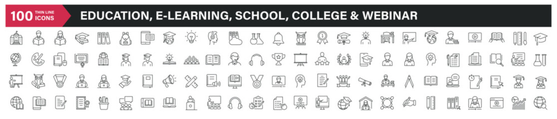 Wall Mural - education, e-learning, school, college, and webinar thin line icons. editable stroke. for website ma