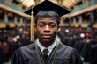 © ADDICTIVE STOCK - Generative AI illustration portrait of young African American man in black and yellow graduation gown with cap against blurred background of other graduate