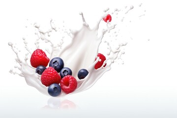 Milk splash with berries on white background