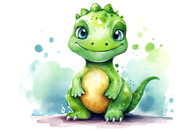 Cute Green Dinosaur In Watercolor Illustration