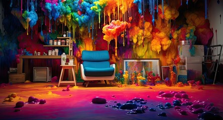 Room with rainbow colors paint explosion, Backdrop for photo studio, room background for an artist or painter photography