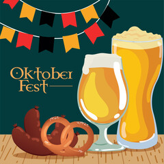 Wall Mural - Beer glasses pretzel and sausages Oktoberfest poster Vector