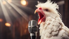 A White Chicken Singing With A Microphone In Front Of A Stage With Lighting. Chicken Song