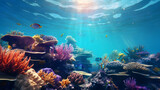 Fototapeta Do akwarium - Vibrant coral reef teeming with life, a kaleidoscope of colors and shapes beneath the crystal-clear waters. Generative Ai.NO.02