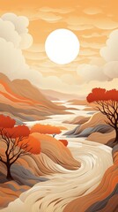 Wall Mural - an abstract landscape with wavy shapes at sunrise. generative ai.
